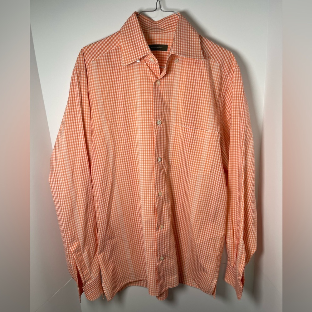 Ermenegildo Zegna Salmon/White small Check Button Down Shirt Mens Size Small
